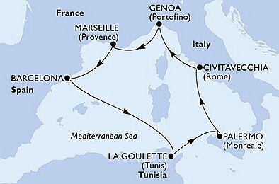 Itálie, Francie, Španělsko, Tunisko z Janova na lodi MSC Grandiosa