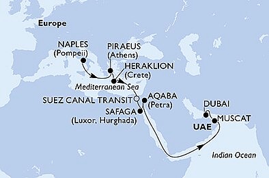 Itálie, Řecko, Egypt, Jordánsko, Omán, Spojené arabské emiráty z Neapole na lodi MSC Virtuosa