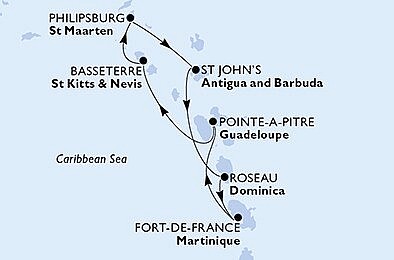 Martinik, Guadeloupe, Svatý Kryštof a Nevis, Antigua a Barbuda, Dominika z Fort-de-France, Martinik na lodi MSC Seaside, plavba s bonusem