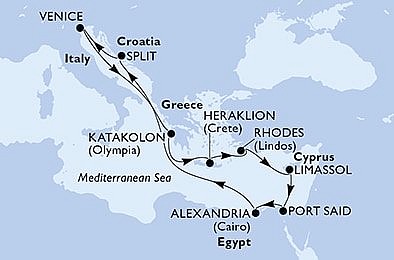 Itálie, Řecko, Kypr, z Port Saidu, Egypt, Chorvatsko z Benátek na lodi MSC Armonia