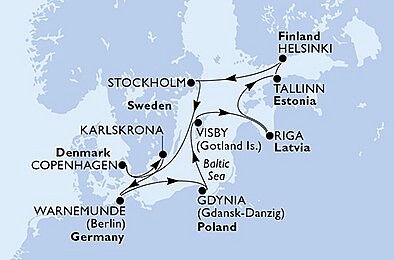 Německo, Polsko, Švédsko, Lotyšsko, Estonsko, Finsko, Dánsko z Warnemünde na lodi MSC Poesia