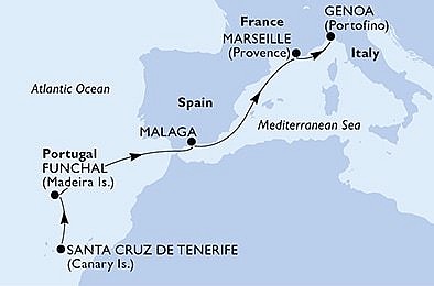 Španělsko, Portugalsko, Francie, Itálie z Tenerife na lodi MSC Divina