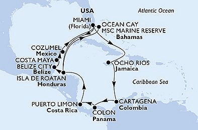 USA, Jamajka, Kolumbie, Panama, Kostarika, Honduras, Bahamy, Belize, Mexiko z Miami na lodi MSC Divina