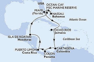 USA, Bahamy, Jamajka, Kolumbie, Panama, Kostarika, Honduras z Miami na lodi MSC Divina