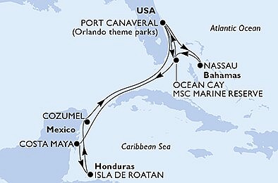USA, Bahamy, Mexiko, Honduras z Port Canaveralu na lodi MSC Seaside