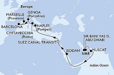 Spojené arabské emiráty, Omán, Saúdská Arábie, Egypt, Itálie, Španělsko, Francie z Abu Dhabi na lodi MSC World Europa