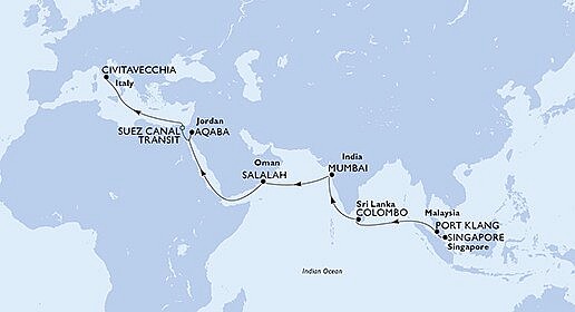 Singapur, Malajsie, Srí Lanka, Indie, Omán, Jordánsko, Egypt, Itálie ze Singapuru na lodi MSC Magnifica, plavba s bonusem
