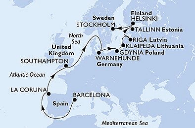 Španělsko, Velká Británie, Německo, Polsko, Litva, Lotyšsko, Estonsko, Finsko, Švédsko z Barcelony na lodi MSC Poesia