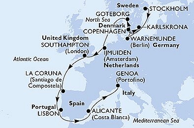 Švédsko, Dánsko, Německo, Nizozemsko, Velká Británie, Španělsko, Portugalsko, Itálie ze Stockholmu na lodi MSC Poesia