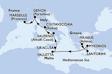 Řecko, Malta, Itálie, Francie z Pirea na lodi MSC Musica