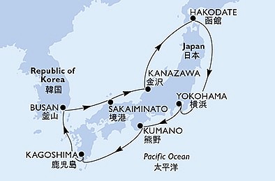 Japonsko, , Jižní Korea z Yokohami na lodi MSC Bellissima