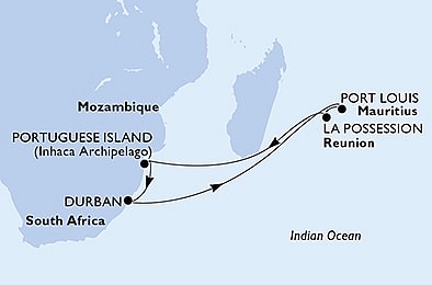 Jihoafrická republika, Mauricius, Reunion, Mosambik z Durbanu na lodi MSC Splendida