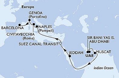 Spojené arabské emiráty, Omán, Saúdská Arábie, Egypt, Itálie, Španělsko z Abu Dhabi na lodi MSC World Europa