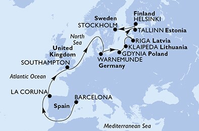 Španělsko, Velká Británie, Německo, Polsko, Litva, Lotyšsko, Estonsko, Finsko, Švédsko z Barcelony na lodi MSC Poesia, plavba s bonusem