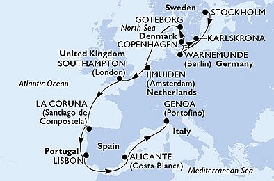 Švédsko, Dánsko, Německo, Nizozemsko, Velká Británie, Španělsko, Portugalsko, Itálie ze Stockholmu na lodi MSC Poesia, plavba s bonusem