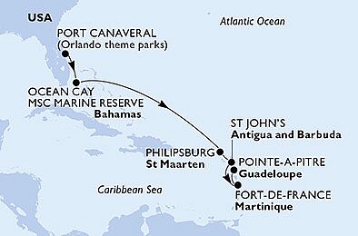 USA, Bahamy, Svatý Martin, Antigua a Barbuda, Martinik, Guadeloupe z Port Canaveralu na lodi MSC Seaside
