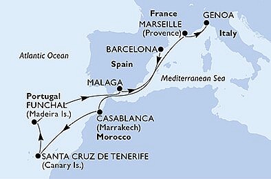 Španělsko, Maroko, Portugalsko, Francie, Itálie z Barcelony na lodi MSC Divina