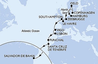 Německo, Dánsko, Norsko, Belgie, Francie, Velká Británie, Španělsko, Portugalsko, Brazílie z Hamburku na lodi MSC Preziosa