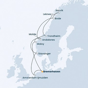 Německo, Nizozemsko, Norsko, z Andalsnes z Bremerhavenu na lodi Costa Favolosa