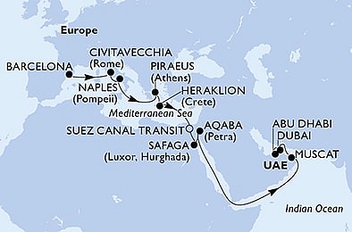 Španělsko, Itálie, Řecko, Egypt, Jordánsko, Omán, Spojené arabské emiráty z Barcelony na lodi MSC Virtuosa