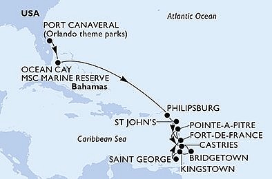 USA, Bahamy, Svatý Martin, Antigua a Barbuda, Martinik, Guadeloupe, ... z Port Canaveralu na lodi MSC Seaside
