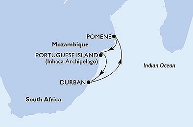 Jihoafrická r., Mosambik z Durbanu na lodi MSC Splendida