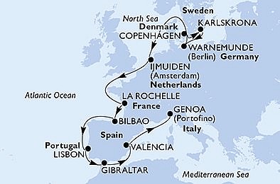 Dánsko, Švédsko, Německo, Nizozemsko, Francie, Španělsko, Portugalsko, Velká Británie, Itálie z Kodaně na lodi MSC Poesia