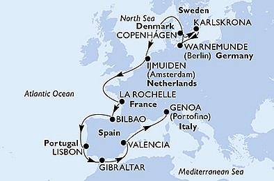 Dánsko, Švédsko, Německo, Nizozemsko, Francie, Španělsko, Portugalsko, Velká Británie, Itálie z Kodaně na lodi MSC Poesia, plavba s bonusem