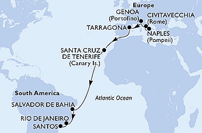 Itálie, Španělsko, Brazílie z Neapole na lodi MSC Divina