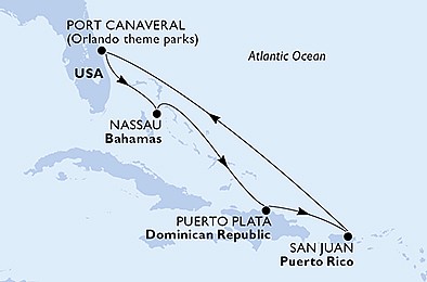 USA, Bahamy, Dominikánská r. z Port Canaveralu na lodi MSC Seashore