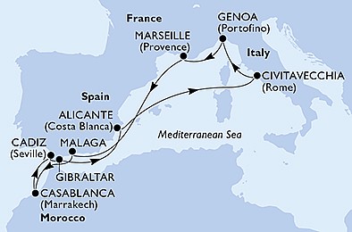 Španělsko, Maroko, Velká Británie, Itálie, Francie z Málagy na lodi MSC Sinfonia, plavba s bonusem