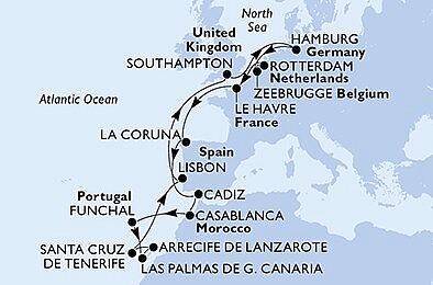Německo, Belgie, Nizozemsko, Francie, Španělsko, Maroko, Portugalsko, Velká Británie z Hamburku na lodi MSC Euribia