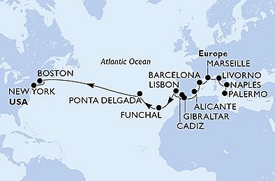 Itálie, Francie, Španělsko, Velká Británie, Portugalsko, USA z Palerma na lodi MSC Meraviglia, plavba s bonusem
