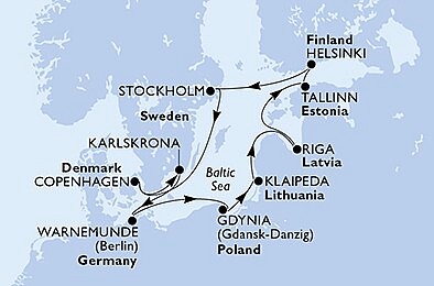 Německo, Polsko, Litva, Lotyšsko, Estonsko, Finsko, Švédsko, Dánsko z Warnemünde na lodi MSC Poesia, plavba s bonusem