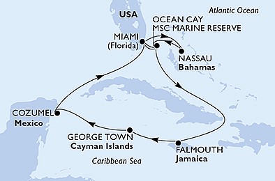 USA, Bahamy, Jamajka, Kajmanské ostrovy, Mexiko z Miami na lodi MSC Seaside