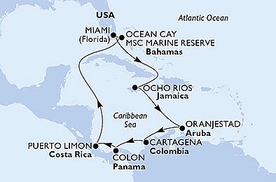 USA, Jamajka, Aruba, Kolumbie, Panama, Kostarika, Bahamy z Miami na lodi MSC Divina, plavba s bonusem