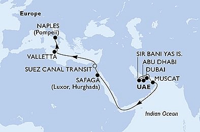 Spojené arabské emiráty, Omán, Egypt, Malta, Itálie z Dubaje na lodi MSC World Europa