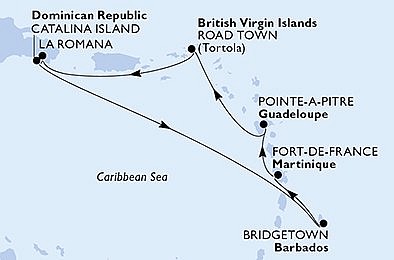 Dominikánská republika, Barbados, Martinik, Guadeloupe, Britské Panenské ostrovy z La Romany na lodi MSC Opera