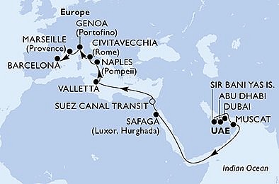 Spojené arabské emiráty, Omán, Egypt, Malta, Itálie, Francie, Španělsko z Dubaje na lodi MSC World Europa