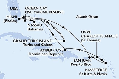 USA, Zámořské území Velké Británie, Bahamy, Svatý Kryštof a Nevis, Dominikánská republika z Miami na lodi MSC Meraviglia, plavba s bonusem