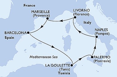 Itálie, Francie, Španělsko, Tunisko z Neapole na lodi MSC Meraviglia, plavba s bonusem