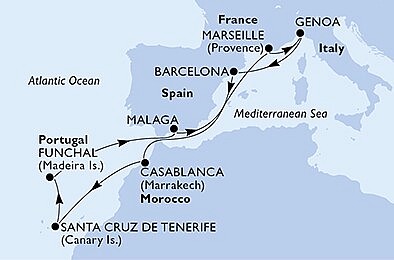 Španělsko, Maroko, Portugalsko, Francie, Itálie z Barcelony na lodi MSC Poesia, plavba s bonusem