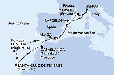 Itálie, Španělsko, Maroko, Portugalsko, Francie z Janova na lodi MSC Poesia