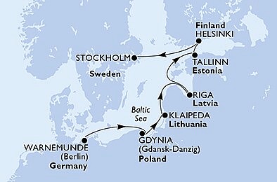 Německo, Polsko, Litva, Lotyšsko, Estonsko, Finsko, Švédsko z Warnemünde na lodi MSC Poesia