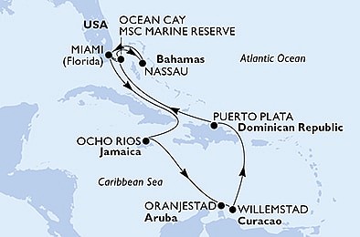 USA, Jamajka, Aruba, Curacao, Dominikánská republika, Bahamy z Miami na lodi MSC Divina, plavba s bonusem
