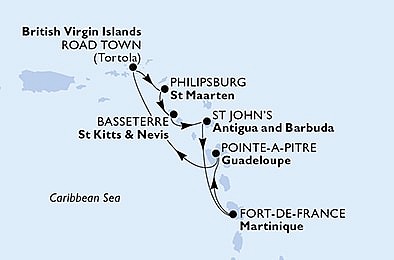 Martinik, Guadeloupe, Britské Panenské ostrovy, Svatý Martin, ... z Fort-de-France, Martinik na lodi MSC Virtuosa, plavba s bonusem