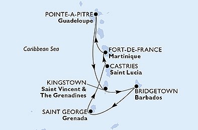 Martinik, Guadeloupe, Svatý Vincenc a Grenadiny, Barbados, Grenada, Svatá Lucie z Fort-de-France, Martinik na lodi MSC Virtuosa