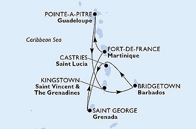 Guadeloupe, Svatý Vincenc a Grenadiny, Barbados, Svatá Lucie, Grenada, Martinik z Pointe-a-Pitre, Guadeloupe na lodi MSC Virtuosa, plavba s bonusem