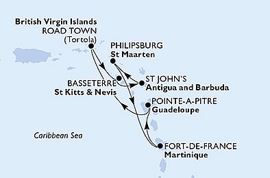 Guadeloupe, Britské Panenské ostrovy, Svatý Kryštof a Nevis, ... z Pointe-a-Pitre, Guadeloupe na lodi MSC Virtuosa