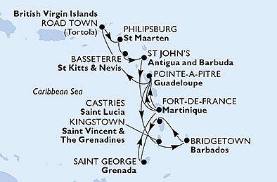Martinik, Guadeloupe, Britské Panenské ostrovy, Svatý Martin, ... z Fort-de-France, Martinik na lodi MSC Virtuosa, plavba s bonusem
